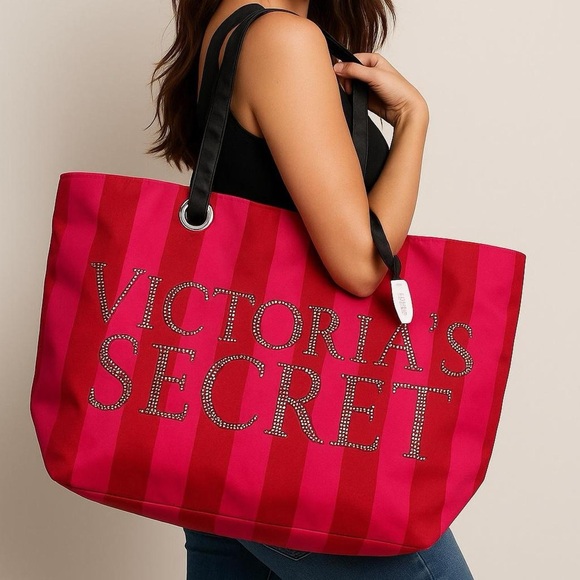 (New/Set) VS Red and Pink Striped Tote with Fragrance Giftset - Picture 6 of 8